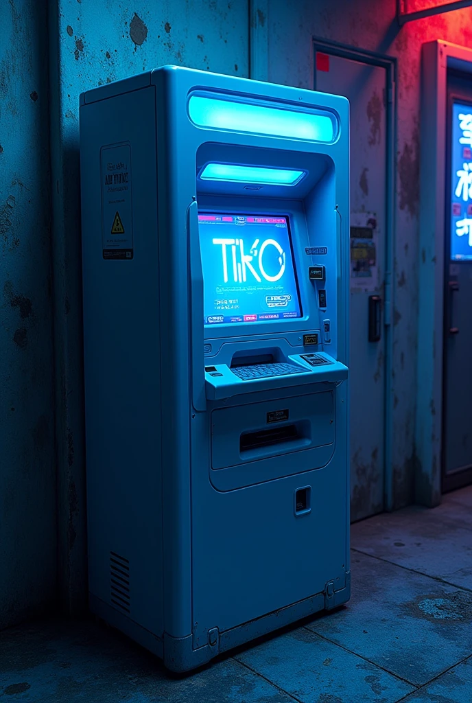 A blue ghetto atm with Tiko marked on the screen in blue for a wallpaper that looks like an Apple emoji