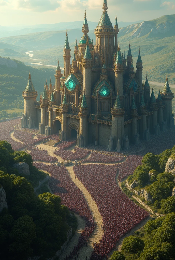 Generate an invincible, rich, indestructible, unmatched, huge medieval-themed jewel kingdom, The view of the image is seen from above. You can see a large army outside the city organized into several battalions with thousands of men. The castle has several gems: diamond, ruby, sapphire, emerald, topaz, amethyst, all types of jewelry imaginable., in each tower of the castle there is a giant diamond ruby emerald sapphire topaz
