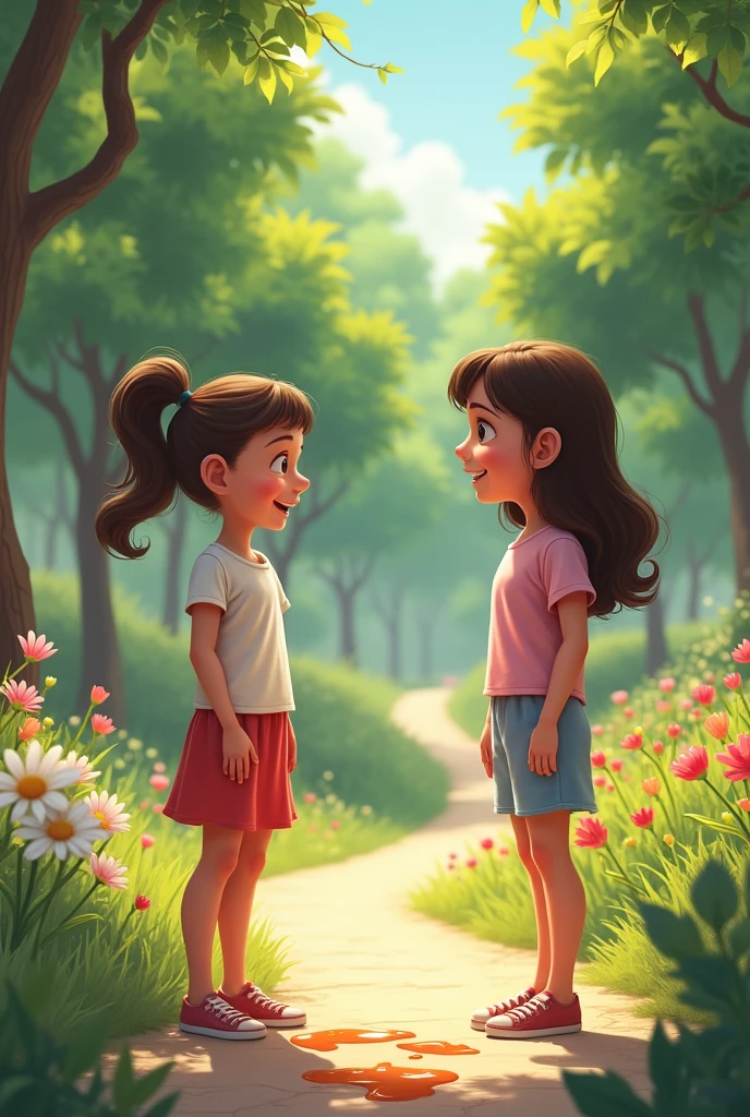 Two girls talking in the park. One spills juice on the other&#39;s dress. 
