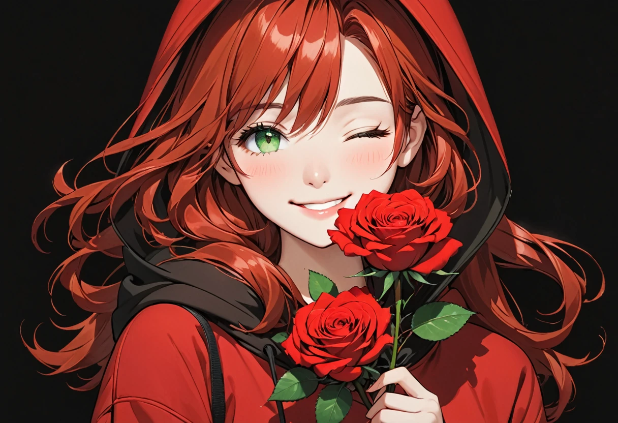 Girl in brown hoodie holding red rose with beautiful eyes and face, single girl, alone, black hoodie, flower, holding flower, red hair, rose, one eye closed, looking at viewer, black background, holding, long hair, hoodie, simple background, upper body, long sleeve, smile, green eyes, red flower