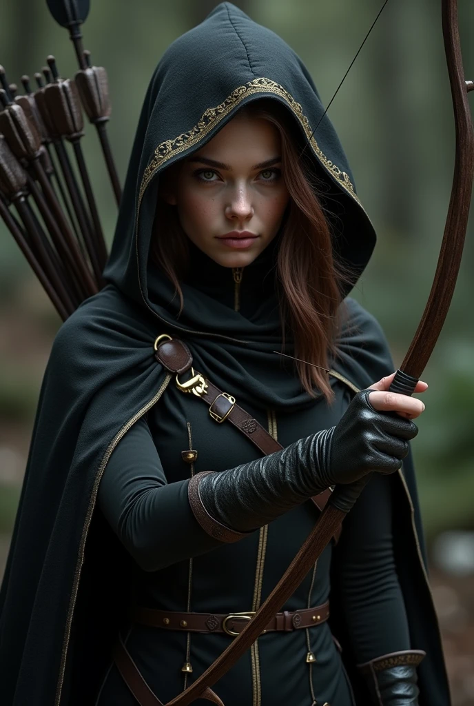 Draw a female half-elf with white skin, eyes black, little elf ears, chestnut hair, wearing a black cloak with gold details and a built-in hood holding a crossbow in his hands and a quiver on his back with a handful of arrows.