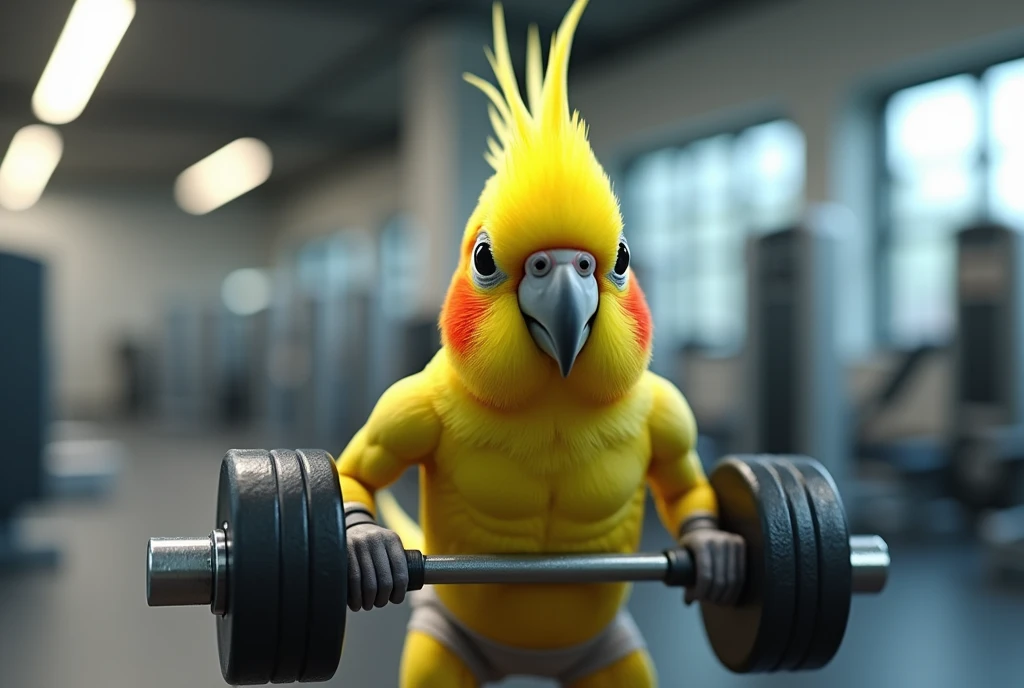 cockatiel doing weight training at the gym