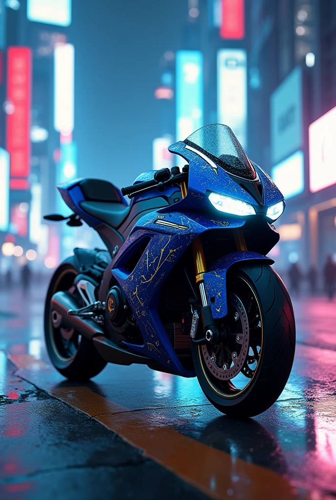 A blue and black beta 50cc motorcycle in a cyberpunk city 
