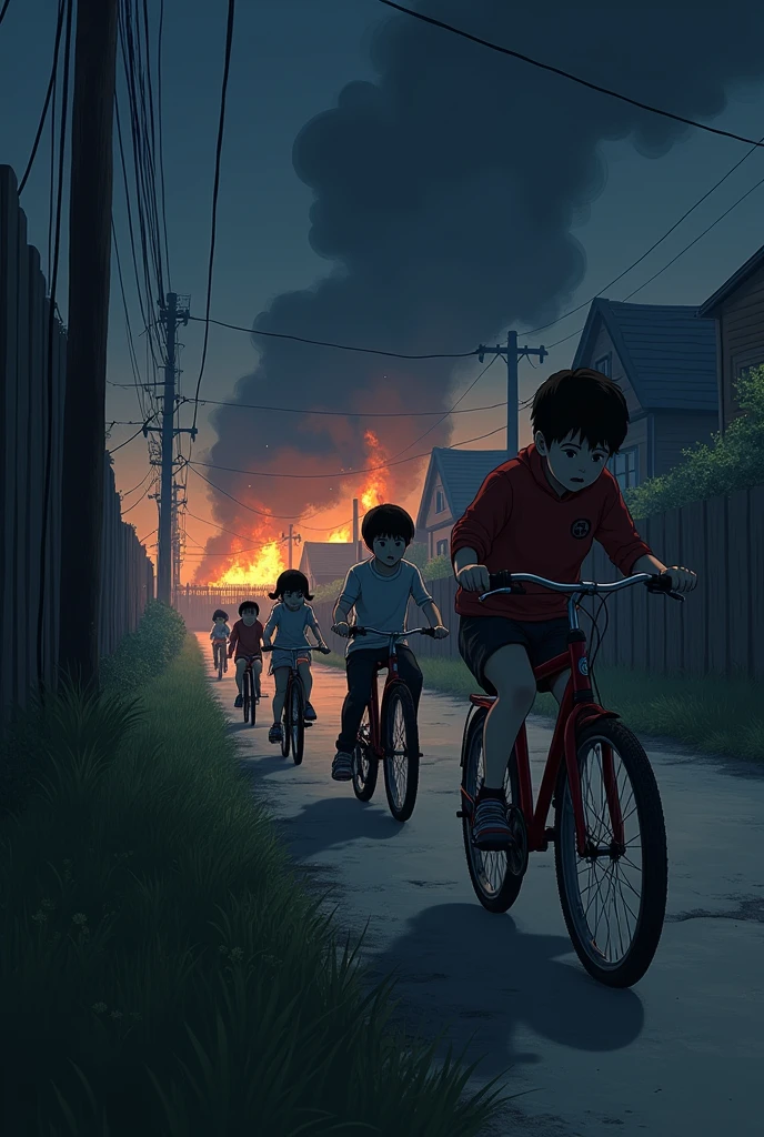 3 boys and 2 girls are on bikes, they hurry, they are on the side, we can't see them from the front ,and in the background there is war with houses on fire ,to smoke it , bombing and soldiers running villagers are crying and running , il fais nuit noir ! style anime un peu réaliste
