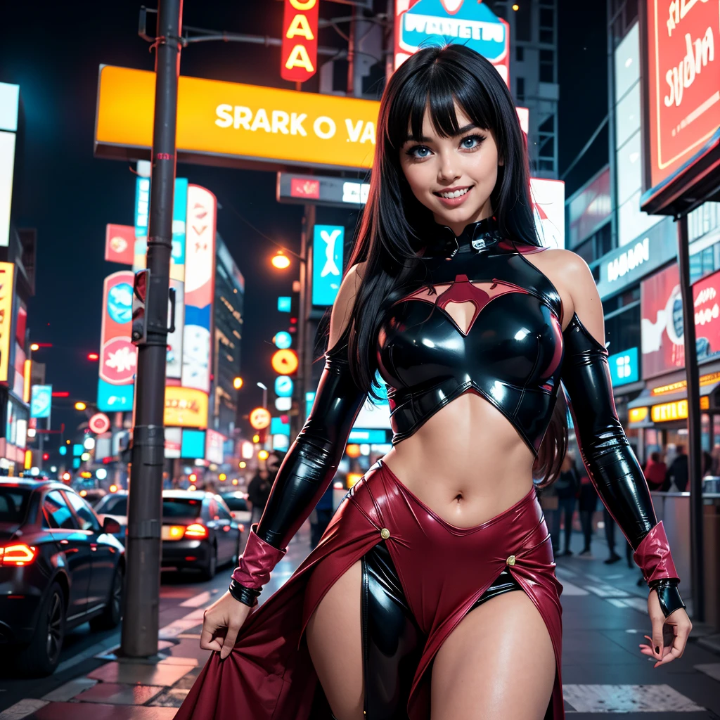 8k,masterpiece, beautiful model woman, 1, girl solo, alone (((adorable girl))), ((small waist)) blue eyes, (tone stomach), ((smile showing teeth)), big eyes, small nose, button nose, adorable angular realist face, posing for a picture, slim body, small chest, sexy girl, full body portrait, long straight black hair, long bangs. superhero costume. weapons in both hands. face cute, big blue eyes. The background very realistic night Cyberpunk city lots magenta-blue bright neon signs.