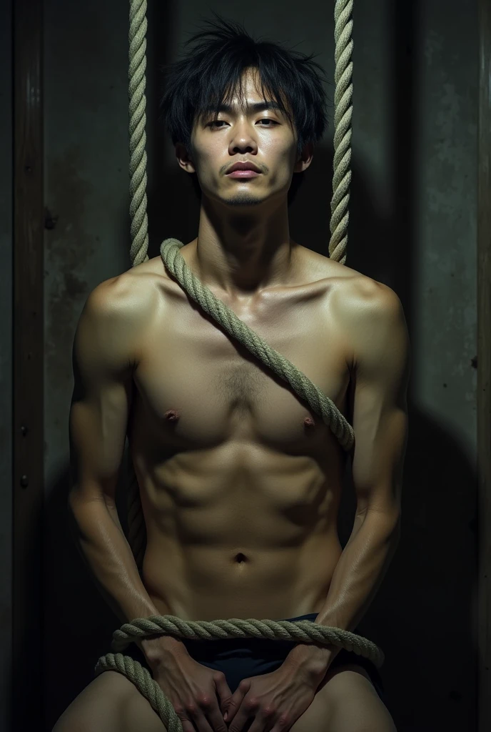 1boy、Handsome Men、Japanese male, 、Completely naked、Full nudity、erection、Huge penis、Slim body、Highest quality、Realistic、beautiful、Sad look、 ((((Completely tied up with rope)))), ((((A very tight rope is crisscrossed over the chest)))),(((Body bound with tight rope)))、whole body、Surrounded by old people、night、Dim lighting、darkness