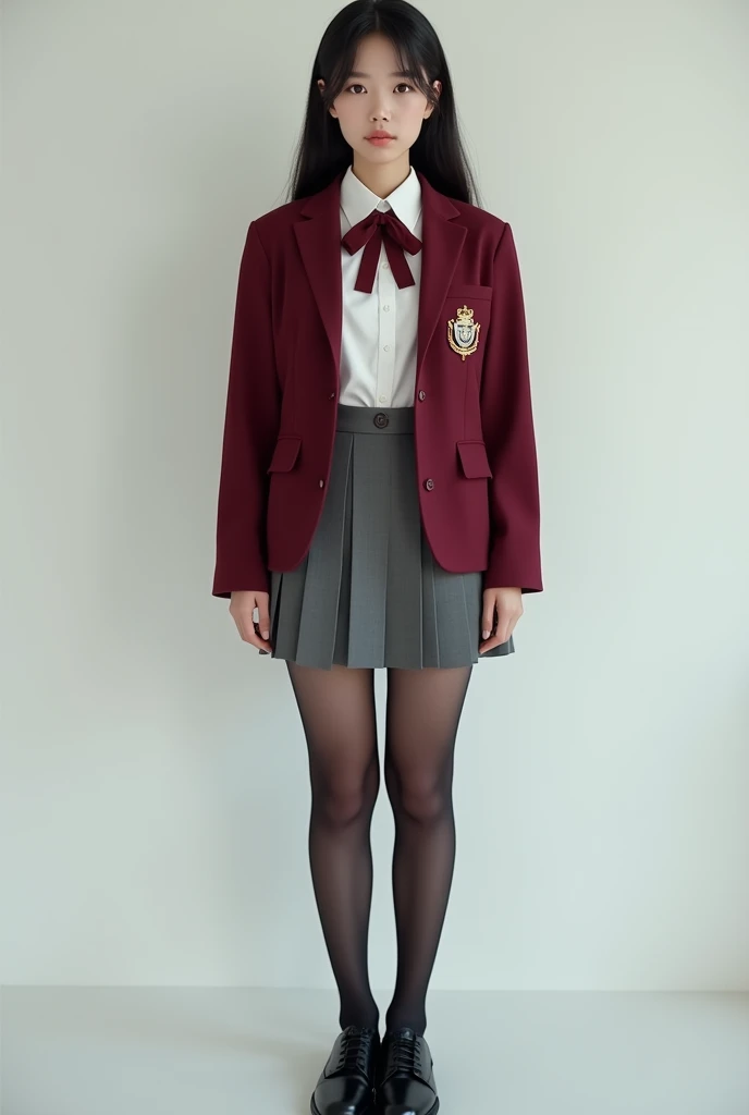 ((Best quality, 4K, high resolution, full-body showcase, show full-body)), (ultra-detailed, photo-realistic:1.37), araffe asian womam, 1 female, age 18. Known for her youthful charm and unwavering determination, Her body language is as modest as her personality, always exuding a sense of innocence and resilience, ((She is dressed in a prestigious Tokyo high school uniform)), (((The uniform includes a (tailored maroon blazer with the school crest on the chest), a (maroon necktie), (a white blouse) with a Peter Pan collar underneath that compliment her natural E-cup breasts, a (pleated grey skirt) that emphasizing her figure))), (((She enhances her look with Sheer black stockings and black leather oxford shoes))), carrying her ensemble with an air of subtle confidence. Her accessories are minimal, reflecting her simple lifestyle at this age. ((intricate detail)), super finely detailed hands, ultra finely detailed fingers(((ten fingers))), (standing confidently), (full body showcase), (show full body), (no logos on background), (no logo), ((plain background)), ((plain background)), (((empty background))).
