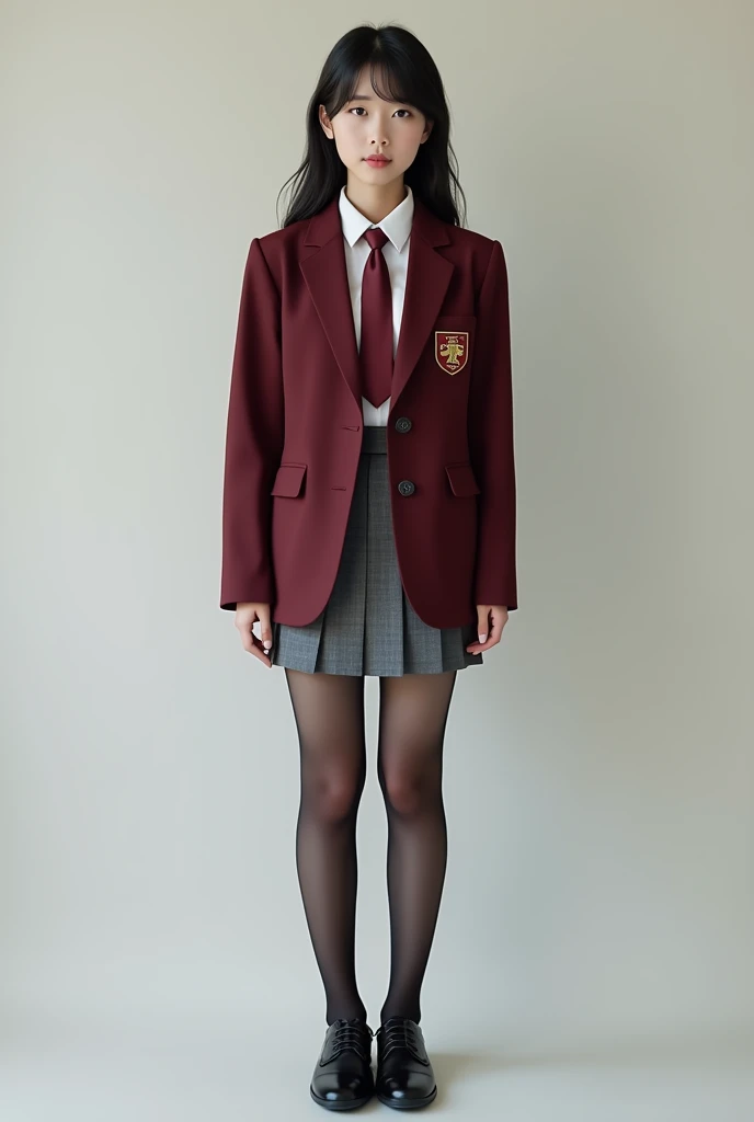 ((Best quality, 4K, high resolution, full-body showcase, show full-body)), (ultra-detailed, photo-realistic:1.37), araffe asian womam, 1 female, age 18. Known for her youthful charm and unwavering determination, Her body language is as modest as her personality, always exuding a sense of innocence and resilience, ((She is dressed in a prestigious Tokyo high school uniform)), (((The uniform includes a (tailored maroon blazer with the school crest on the chest), a (maroon necktie), (a white blouse) with a Peter Pan collar underneath that compliment her natural E-cup breasts, a (pleated grey skirt) that  emphasizing her  figure))), (((She enhances her look with Sheer black stockings and black leather oxford shoes))), carrying her ensemble with an air of subtle confidence. Her accessories are minimal, reflecting her simple lifestyle at this age. ((intricate detail)), super finely detailed hands, ultra finely detailed fingers(((ten fingers))), (standing confidently), (full body showcase), (show full body), (no logos on background), (no logo), ((plain background)), ((plain background)), (((empty background))).