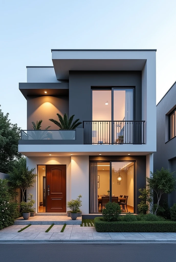 duplex moderne avec un seul etage construit sur 10m de large . avec un balcon et une façade avec des disingne realiste. avec de belle couleur . avec clôture