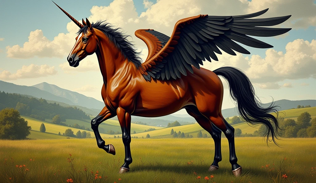 Create random classic masterpieces of Picasso in Ultra-High Definition, 64k resolution oil painting without a frame, using full dimensions of the selected resolution to fit the artwork image, finely detailed to perfection, art-punk, French style, countryside background, art germ, high-octane. A portrait of a young untamed beautiful aggressive thoroughbred brown unicorn with wings, an exact copy of the legendary Black Beauty film horse, an unreal engine, a master stroke of a legendary brush, a tribute to a legendary artist, super realistic, superhit,