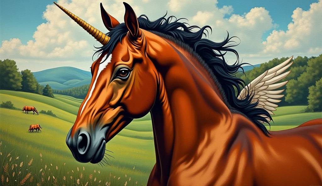 Create random classic masterpieces of Picasso in Ultra-High Definition, 64k resolution oil painting without a frame, using full dimensions of the selected resolution to fit the artwork image, finely detailed to perfection, art-punk, French style, countryside background, art germ, high-octane. A portrait of a young untamed beautiful aggressive thoroughbred brown unicorn with wings, an exact copy of the legendary Black Beauty film horse, an unreal engine, a master stroke of a legendary brush, a tribute to a legendary artist, super realistic, superhit,