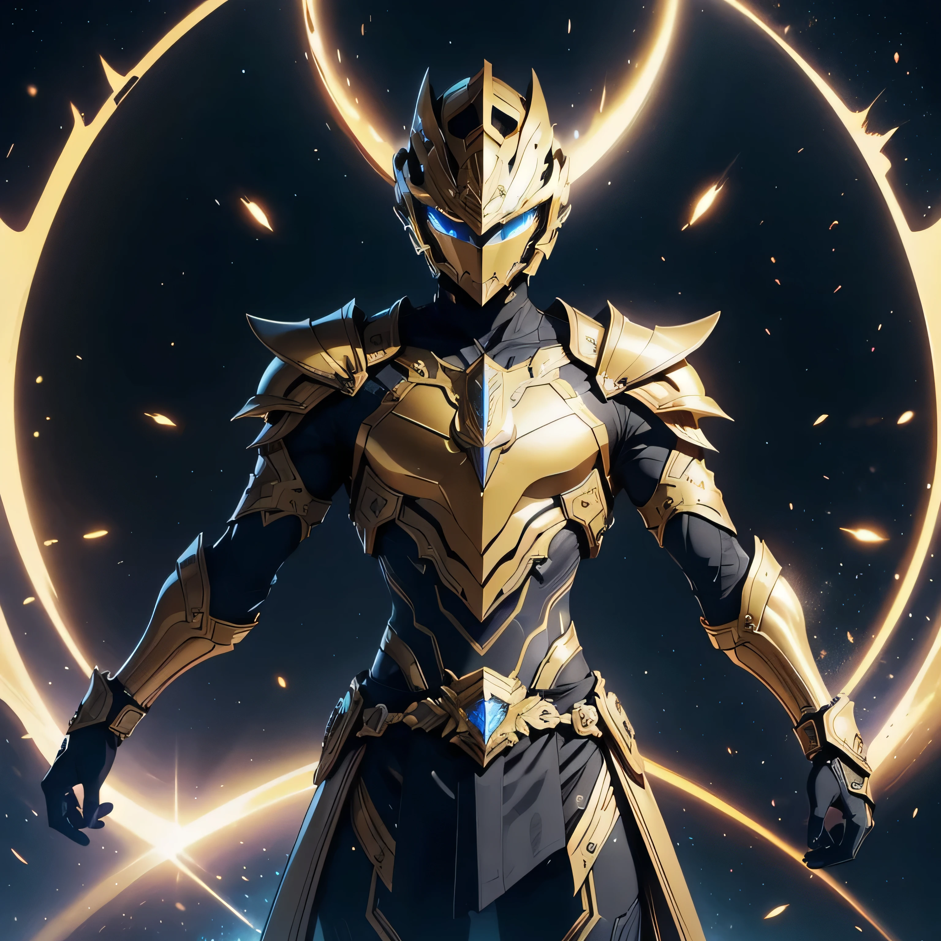 It's a man. The image presents a highly detailed and futuristic armor designed for a male warrior. The armor combines elements from different parts to create a cohesive and powerful look. Helmet: The helmet features a sleek, aerodynamic design with a golden metallic finish. It has a central crest that rises upwards, and the visor glows with a bright blue light, giving it a high-tech, futuristic appearance. Pauldrons (Shoulder Pads): The shoulder pads are designed to be close to the chest, with angular lines extending smoothly toward the shoulders. They have a polished golden finish and curve elegantly upward, creating a harmonious transition between the chest and shoulders, while providing a majestic and protective look. Chest Plate: The chest plate is intricately segmented, with a combination of gold and dark metallic blue. It has a gem-like crystal in the center that emits a soft, mystical glow. The design of the chest plate is both protective and regal, with sharp, angular lines that add to the overall futuristic aesthetic. Arm Guards: The arm guards are sleek and streamlined, with articulated golden and purple segments that offer flexibility and protection. The design of the gauntlets is both robust and elegant, incorporating futuristic elements that blend with the classic style. Leg Armor: The legs are armored with segmented plates that are primarily gold and purple. The boots are angular and sturdy, with a design that conveys both strength and agility. The overall look of the leg armor is grounded yet sleek, completing the ensemble with a powerful stance. The background of the image is a dark cosmic scene, filled with distant stars and nebulae that highlight the polished surfaces of the armor. Dynamic lighting is used to emphasize the key features, particularly the glowing visor and central chest gem, reinforcing the mystical and imposing nature of the warrior.