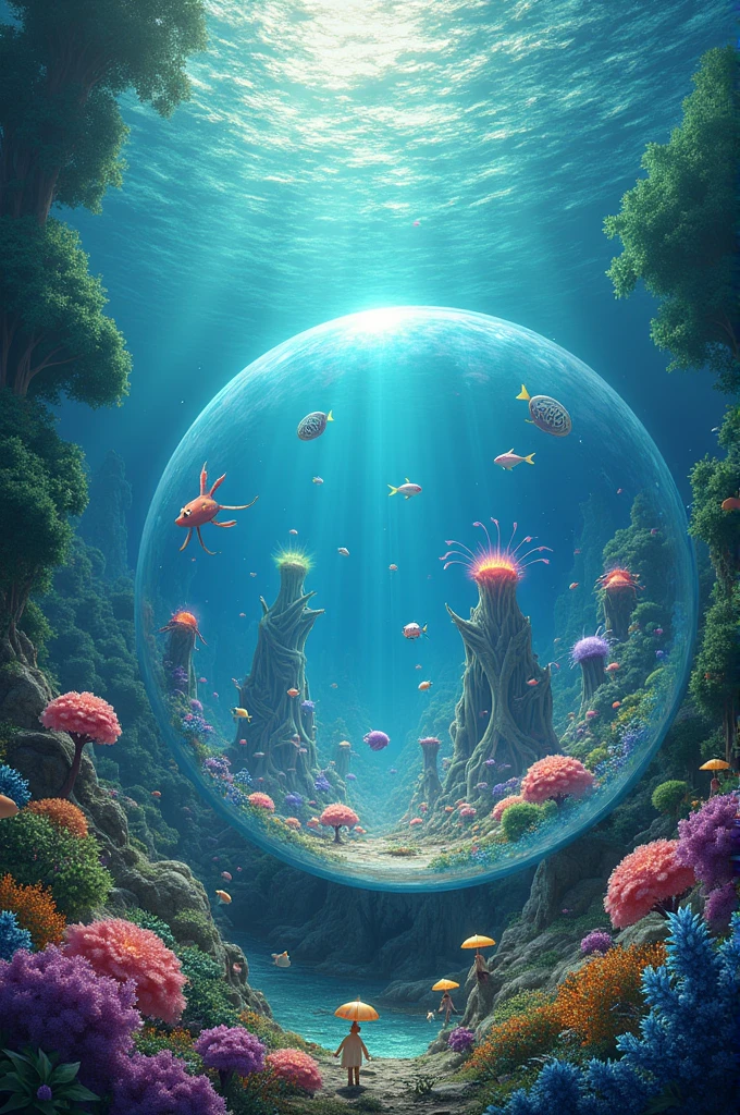 A fantasy world which is under a lake and is a giant bubble, Within this there is a fantastic ecosystem with vibrant colors like cyan, violet, rosado, green, blue. 