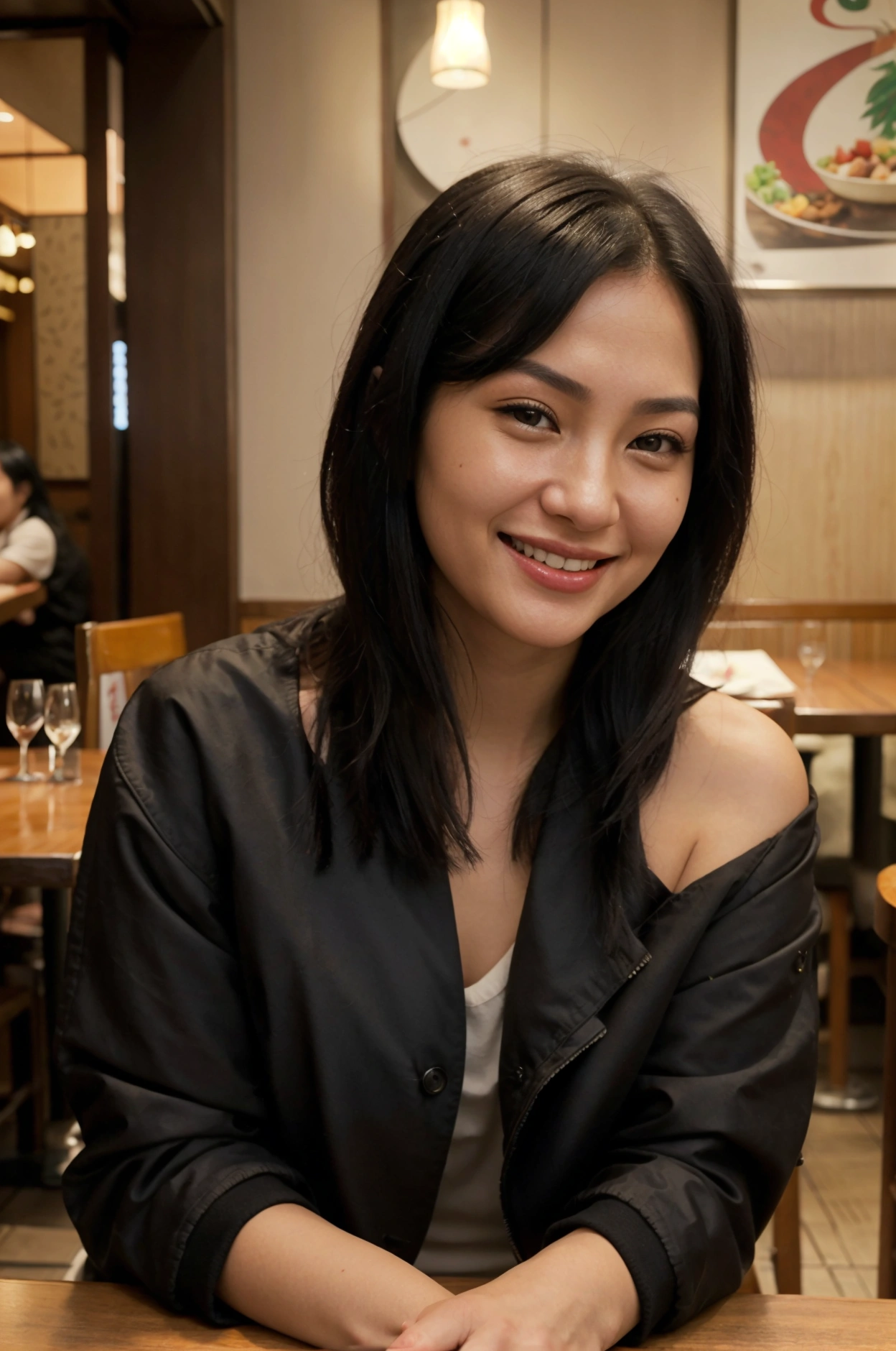 real photography, em close, of an oriental, Caucasian skin, black hair until the shoulders, Grinning, resting your chin on your hand, sitting at a restaurant table, wearing a women&#39;s jacket