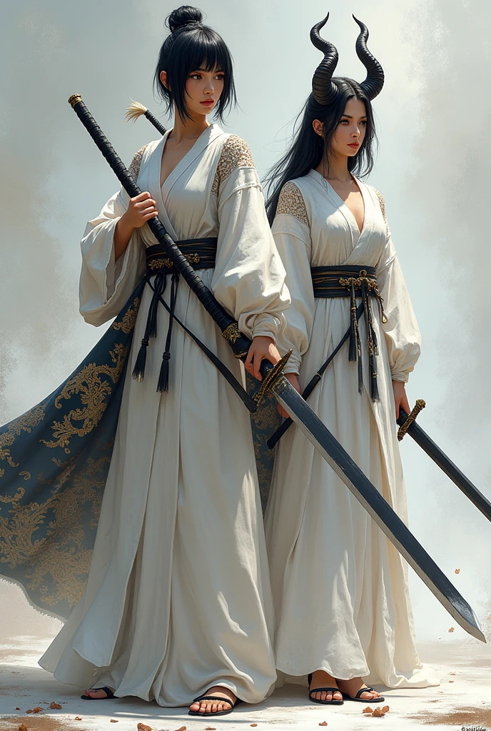 tall woman, Black blue kimono suit with a high collar that has an eye and swirl symbol, loose pants , blue eyes, White hair, long white eyelashes, turtle neck(( 12cm heels)) tall black, Curvy body, dark round cravings, Long hair, with braids, ((naginata weapon)) Japanese anime style drawing, Whole body, dragon in the background and a large eagle