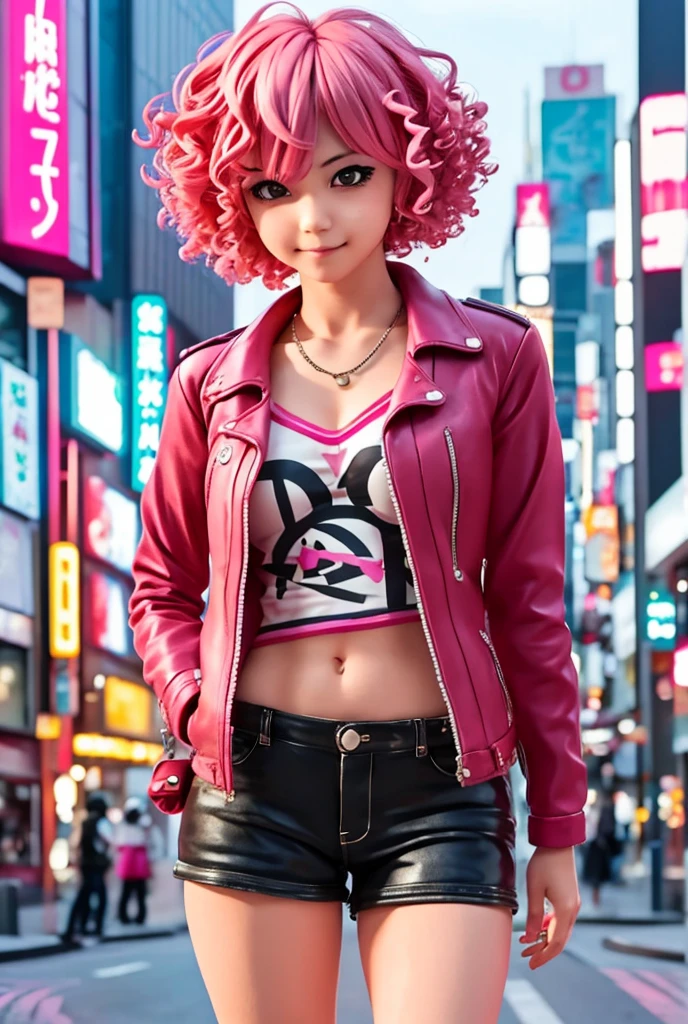 a girl with short curly pink hair, rebellious expression, shinjuku city background, punk fashion outfit, smirking