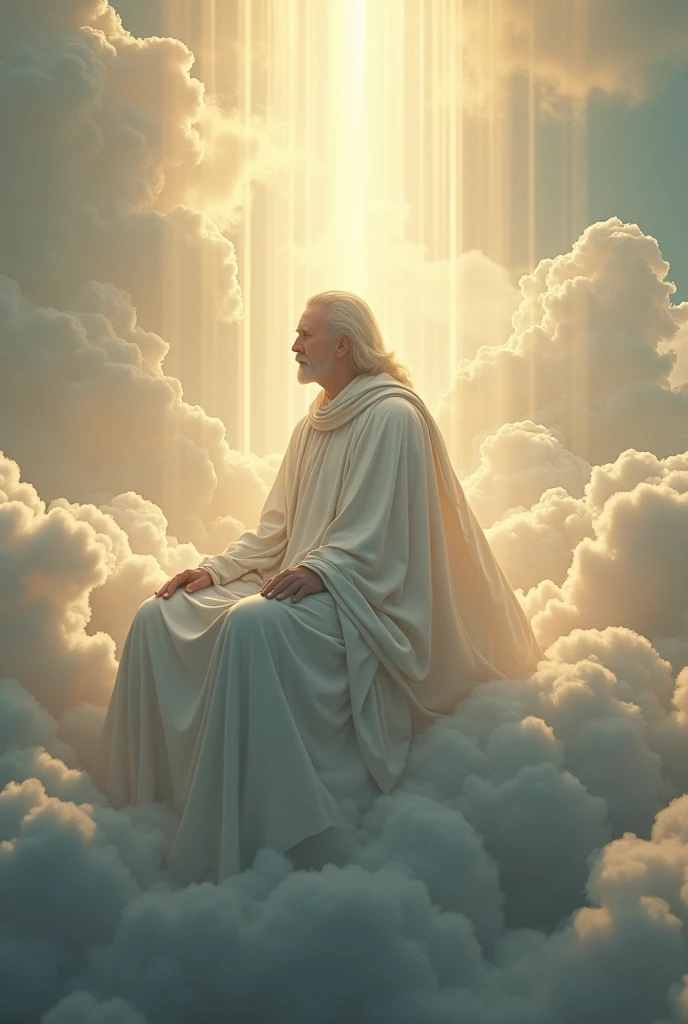 create a real photo of God, sitting on a cloud looking at the earth