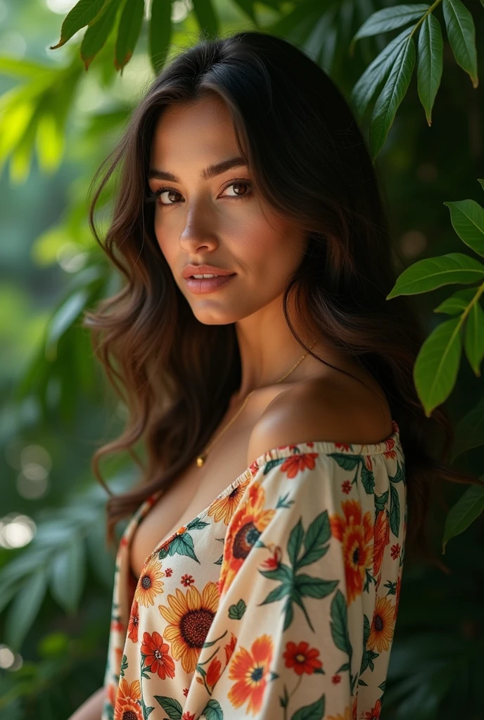 A Brazilian woman in a lush tropical garden, wearing an open shirt with a floral print, with a close-up capturing the harmonious beauty between her breasts and the natural flowers, showing off your natural charm and outgoing personality.