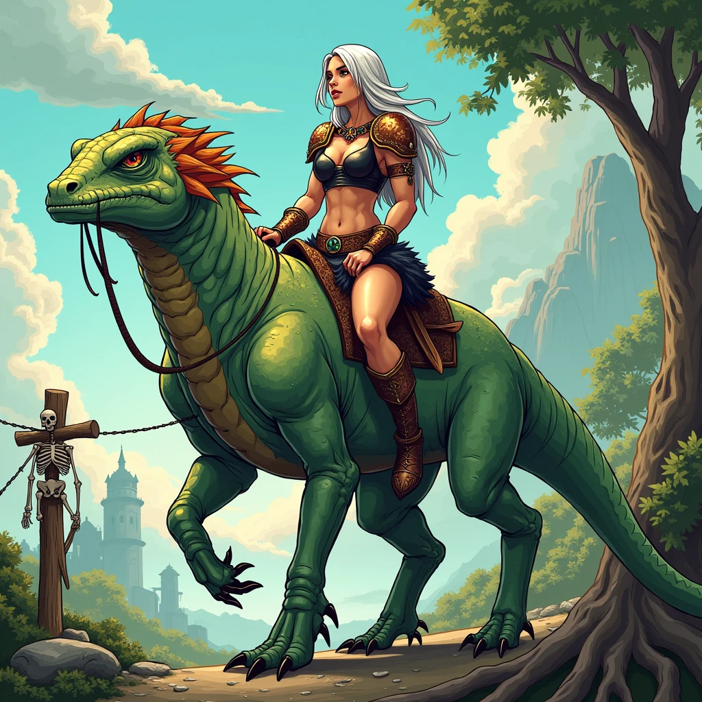 Zara, a powerful female warrior, rides atop an exotic beast in a fantasy setting. She has long straight white hair, green eyes, and a muscular body. She wears a black top with copper trim, a black pelvic curtain that leaves her hips and legs bare, black shoulder pads with copper trim, fur-trimmed boots, and copper bracers with gemstones embedded in her armor. Her (arms, legs and midriff are bare), (bare midriff:1.2), bare legs, and she sits confidently on the back of a massive, mythical creature— a lizard, with scales shimmering in iridescent hues and a pair of mighty wings folded at its sides. The creature has a long, sinuous tail, and sharp, intelligent eyes that reflect Zara’s own strength and determination. The landscape around them is mystical and exotic, with a multicolored sky and towering, otherworldly flora, a crumbling tower can be seen in the distance while in the foreground a skeleton is nailed to a wooden post. Zara and the beast are ready for whatever challenges lie ahead, creating a scene of dynamic movement and powerful energy. She holds the reins in one hand as she looks off to the side. Use a simplistic comic style inspired by moebius, with cell shading, simple lines and few details