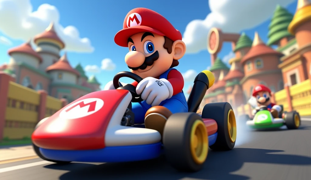 Mario in the foreground on a kart, with a Mario Kart Double dash circuit in the background.