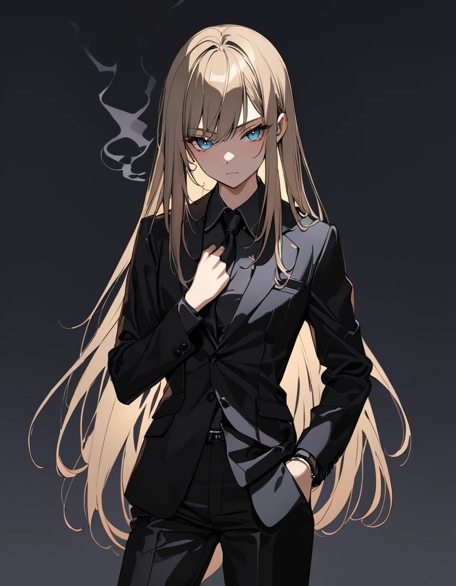 (masterpiece)、(absurdres)、(ultra detailed)、(8k),((solo lady),(dark blonde hair:1.2),(straight long hair:1.1),BREAK,shiny blue eyes,BREAK,black suit,black pants,BREAK,(athletic),(flat chest),(Pierce:0.9),(bracelet:0.8),cigarette smoke:1.2,serious,cowboy shot,simple darkness background,darkness:1.4,midnight,