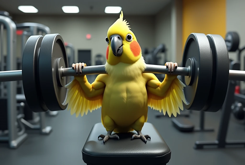 cockatiel doing bench press at the gym

