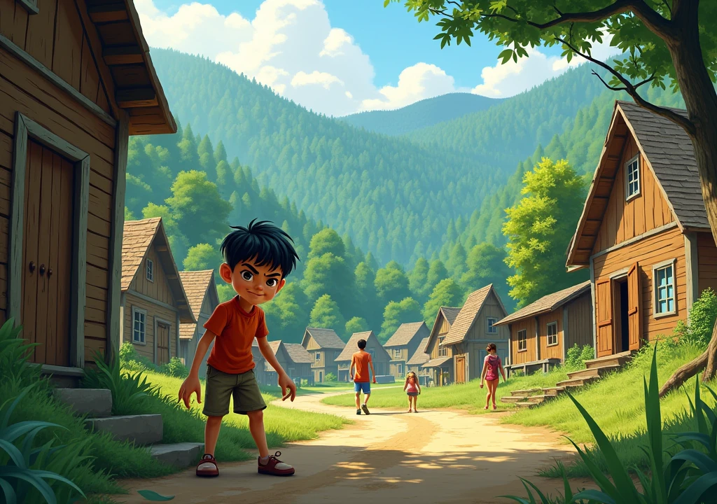 A small village surrounded by vast forests, with wooden houses and villagers going about their daily tasks. In the foreground, a mischievous young boy named Pedro is playing near the village, with a sly smile on his face. The scene captures the essence of a peaceful yet lively rural setting.