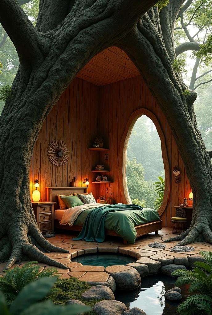 {cinematic scene, 4K ultra-realistic rendering with an inside-a-tree, fairy-tale-inspired style} A magical bedroom carved within the heart of an ancient tree, creating an enchanting, woodsy sanctuary. The room's walls are formed by the natural curves of the tree’s inner wood, with rich, dark grains. The bed, nestled in a cozy alcove, merges with the bark, covered in mossy green blankets and plush earth-toned cushions.

The ceiling is a canopy of intertwining branches, with glowing orbs resembling fireflies casting a warm light. The floor is smooth, natural wood, with patches of soft, moss-like rugs. Large, arched windows carved into the tree’s bark allow dappled sunlight to filter through, framed by thick, leafy vines. Furniture is crafted from living wood, such as a desk that seems to have grown from the tree itself. Shelves are carved into the wood, holding magical artifacts, ancient books, and jars of herbs. A small natural spring bubbles up from the floor, surrounded by smooth stones and ferns.

The room is filled with enchanting details: a gnarled root serves as a nightstand with a glowing crystal lantern, and an intricately carved wooden chair is draped with a fur throw, next to a small hearth formed from the tree's heart, where a gentle fire flickers. The air is filled with the scent of fresh pine and earth, creating a space deeply connected to the natural world, blending natural beauty with fairy-tale charm. {Shot with a 35mm lens, warm, ambient lighting, natural woodsy glow} {Art inspired by enchanted forests, natural interiors, and woodsy fairy-tale design}