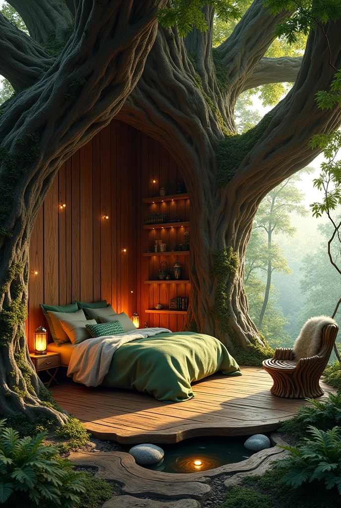 {cinematic scene, 4K ultra-realistic rendering with an inside-a-tree, fairy-tale-inspired style} A magical bedroom carved within the heart of an ancient tree, creating an enchanting, woodsy sanctuary. The room's walls are formed by the natural curves of the tree’s inner wood, with rich, dark grains. The bed, nestled in a cozy alcove, merges with the bark, covered in mossy green blankets and plush earth-toned cushions.
The ceiling is a canopy of intertwining branches, with glowing orbs resembling fireflies casting a warm light. The floor is smooth, natural wood, with patches of soft, moss-like rugs. Large, arched windows carved into the tree’s bark allow dappled sunlight to filter through, framed by thick, leafy vines. Furniture is crafted from living wood, such as a desk that seems to have grown from the tree itself. Shelves are carved into the wood, holding magical artifacts, ancient books, and jars of herbs. A small natural spring bubbles up from the floor, surrounded by smooth stones and ferns.
The room is filled with enchanting details: a gnarled root serves as a nightstand with a glowing crystal lantern, and an intricately carved wooden chair is draped with a fur throw, next to a small hearth formed from the tree's heart, where a gentle fire flickers. The air is filled with the scent of fresh pine and earth, creating a space deeply connected to the natural world, blending natural beauty with fairy-tale charm. {Shot with a 35mm lens, warm, ambient lighting, natural woodsy glow} {Art inspired by enchanted forests, natural interiors, and woodsy fairy-tale design}