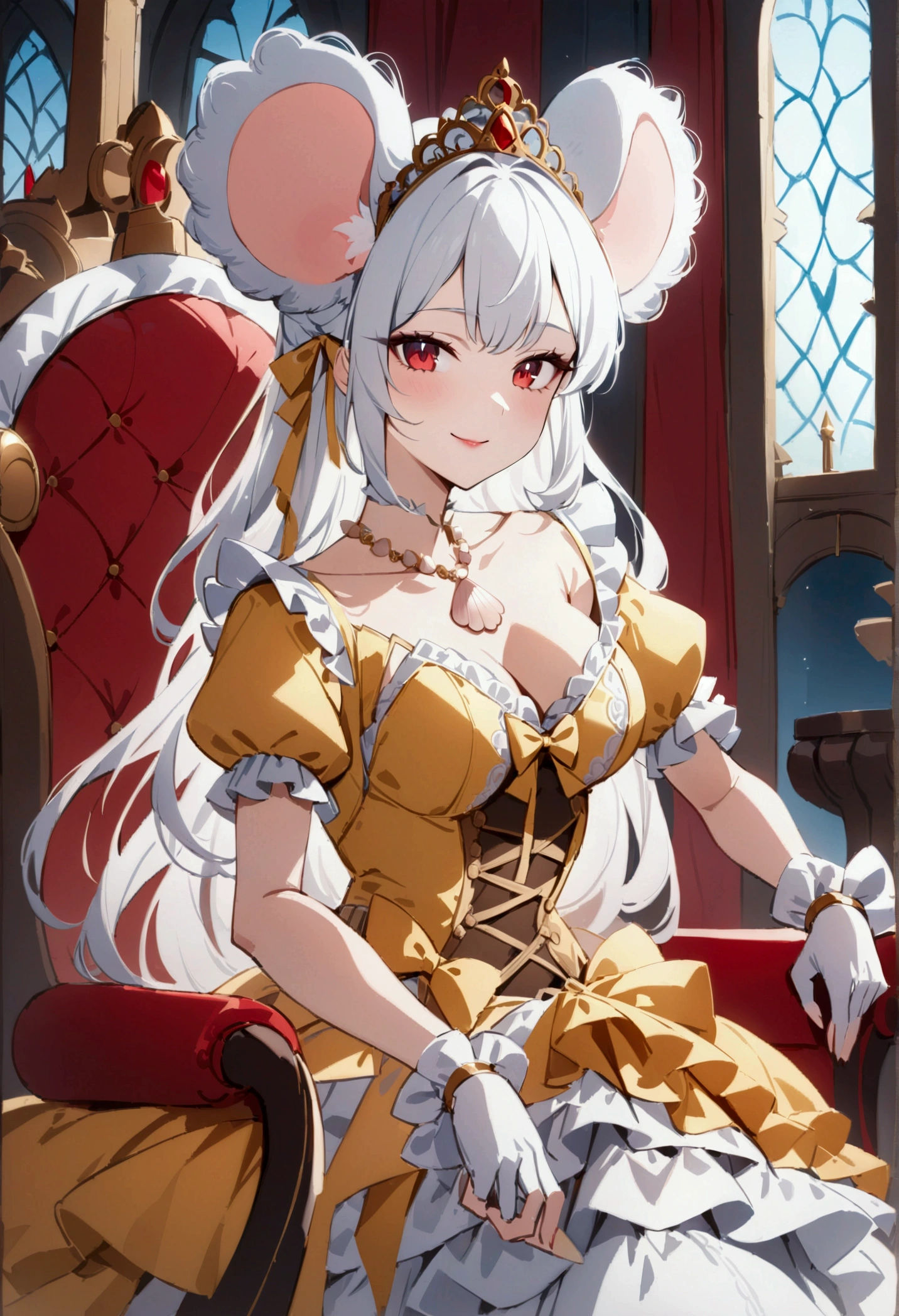 anthropomorphic rabbit woman, short fluffy white hair, white rabbit, small breasts, attractive, (gothic clothes), shapely body, rabbit tail, large thighs, large, freckles, freckles on face, red eyes, (serious expression), she is sitting on a throne, legs crossed, medieval mansion