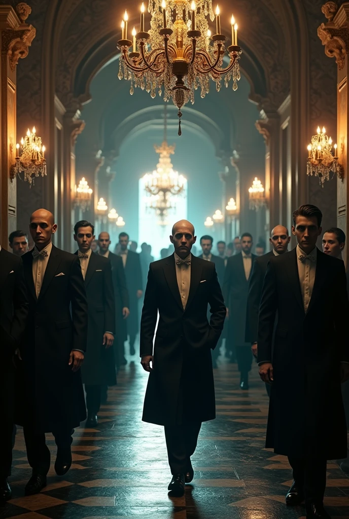 There are many vampire butlers in the hallway of a castle.