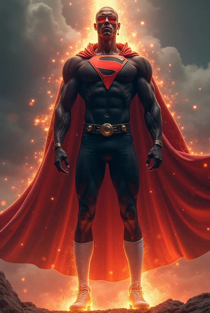 towering, god-like muscular figure with dark, starry skin, glowing with cosmic energy. The figure is clean-shaven, with sharp, symmetrical facial features, wearing round glasses and shining earrings. It wears a tight-fitting suit that blends black and red colors, with white thigh-high football socks. A majestic, galaxy-infused cape flows behind it. The eyes alternate between red and black, radiating immense power. The aura around the figure fluctuates with fire and darkness, symbolizing its transcendent, dimension-hopping abilities.