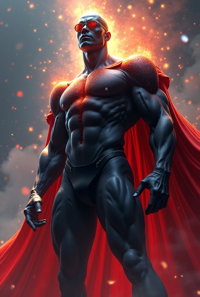 towering, god-like muscular figure with dark, starry skin, glowing with cosmic energy. The figure is clean-shaven, with sharp, symmetrical facial features, wearing round glasses and shining earrings. It wears a tight-fitting suit that blends black and red colors, with white thigh-high football socks. A majestic, galaxy-infused cape flows behind it. The eyes alternate between red and black, radiating immense power. The aura around the figure fluctuates with fire and darkness, symbolizing its transcendent, dimension-hopping abilities.