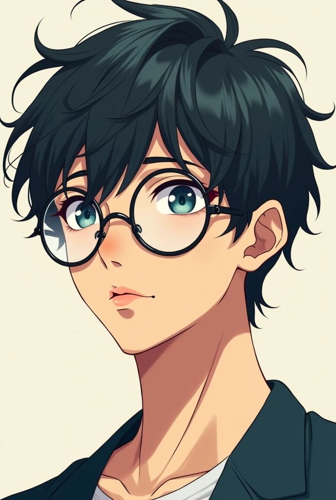 Anime handsome guy with circle glass and and messy  hair no lip color