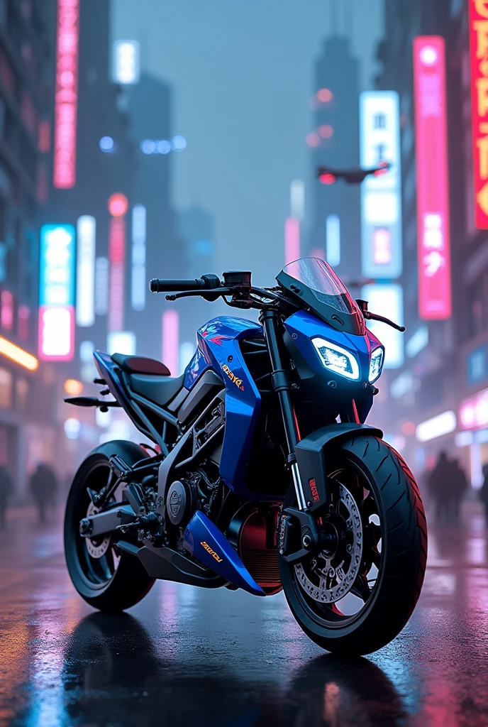 A blue and black 50cc beta supermotard motorcycle in a cyberpunk city 
