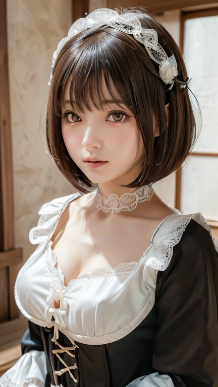 nsfw, Masterpiece、Highest quality、Young Japanese Woman、 and super big、Cute pose、Maid clothes with exposed breasts、Light pink nipples、Super cute、Round small face、Shortcuts、Large sagging eyes、Fresh lips、Pure white, translucent skin