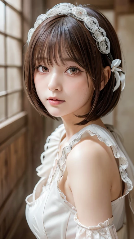 Highest quality, Face Focus, Soft Light, Ultra-high resolution, (Realistic:1.4), RAW Photos,
One of the Japan, alone, cute, (pupil, light in your eyes),  Beautiful face in every detail, (Gothic Maid Outfit、Headdress),(High resolution detail of human skin texture),
(Bobcut)、Loose and fluffy hair、
indoor,
(Portraiture)
