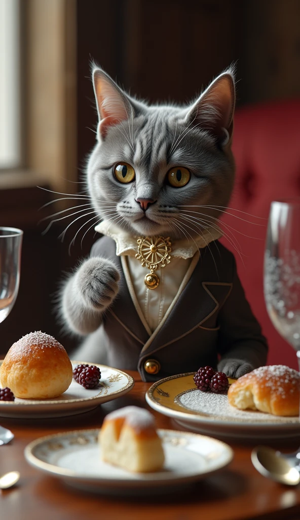 a grey cat wearing a fancy clothes eating a expensive food 