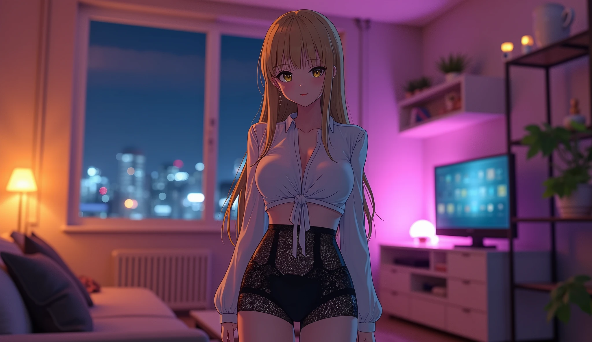 (RAW photo), (Realistic), (photo-realistic), ultra high resolution, masterpiece, highest quality, perfect lighting, detailed lighting, dramatic shadow, ray tracing, 1 Japanese beautiful girl, Voluptuous, cleavage, symmetrical eyes, beautiful detailed eyes, chubby lips, red lips, Super high resolution perfect beautiful teeth, big , big ass, big thick thighs, long straight hair, blonder hair, earrings, half open mouth, smiling, looking at viewer, ((Wearing a white blouse)), ((mini Skirt)), ((black lace panties)), ((inside the beautiful apartment)), ((night)), ((neon lights)), standing pose, manga style, anime features manga style, fully body, anime style