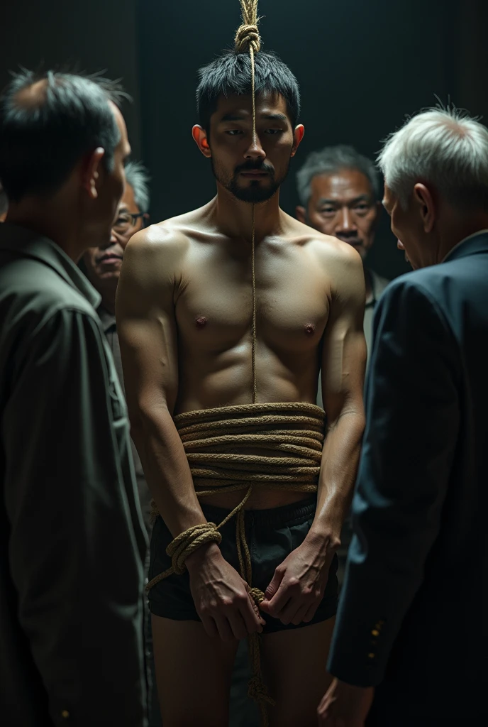 1boy、Handsome Men、Japanese male, 、Completely naked、Full nudity、erection、Huge penis、Slim body、Highest quality、Realistic、beautiful、Sad look、 ((((Completely tied up with rope)))), ((((A very tight rope is crisscrossed over the chest)))),(((Body bound with tight rope)))、whole body、Surrounded by old people、night、Dim lighting、darkness