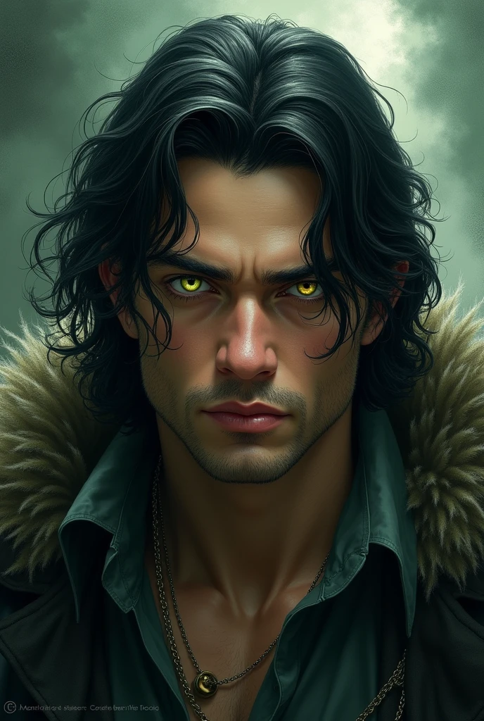 A man of about 2, blackquality hair, skin fair, mesmerizing green yellow eyes, marked jaw, bushy eyebrows, drawn mouth, Cao Cao, athletic body