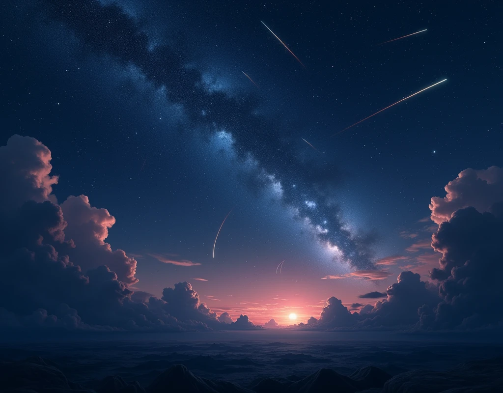 night sky will shooting stars, hyperrealistic