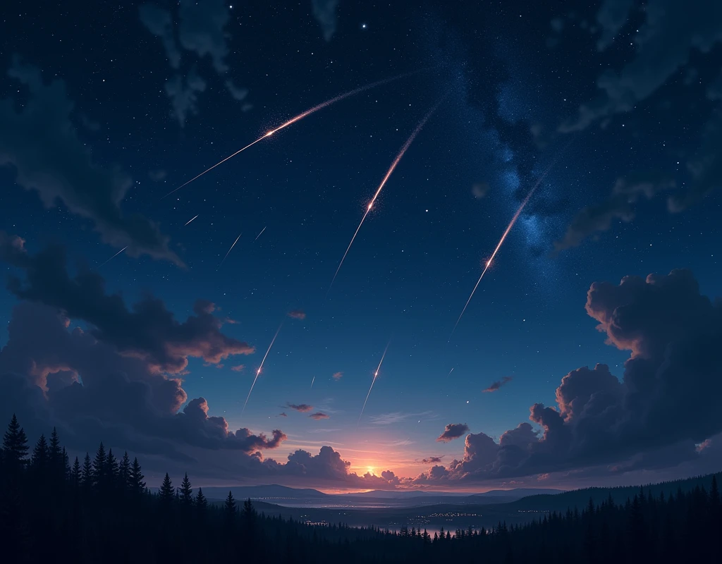 Expansive landscape photograph,(moon full:1.2),(meteors:0.9),(Starcloud:1.3),Far Mountain, Tree BREAK making art,(Warm light source:1.2),(glowworm:1.2),lamp lights,Lots of purple and orange,Complicated details,Volumetriclighting,Realism BREAK(tmasterpiece:1.2),(best qualtiy),4K,Ultra-detailed,(dynamic compositions:1.4),The is very detailed,Colorful details,(Irridescent color:1.2),(luminouslighting,Atmospheric lighting),dream magical,magical,(独奏:1.2),((best qualtiy)), ((tmasterpiece)), (the detail:1.4),depth of fields,maximum definition and sharpness,perfectly proportions,Fluttering clouds,Wallpapers