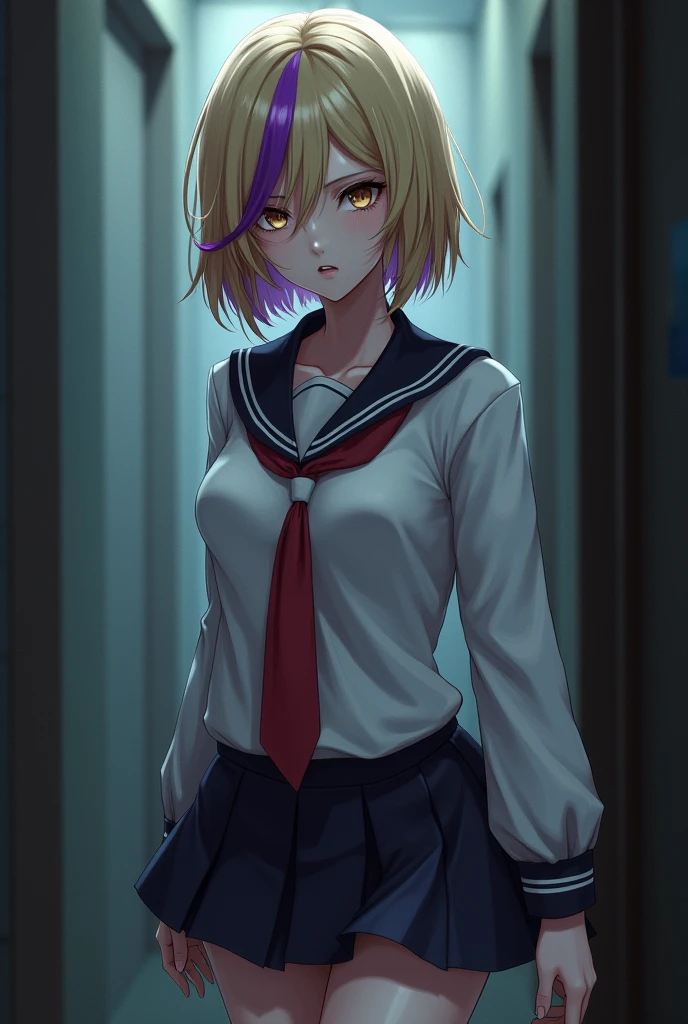 a blonde woman, a purple lock, short hair, somewhat pale skin, two piercings on both sides of her lower lip,light brown eyes, one white and one black sock, big breasts, high school uniform, Yandere Simulator game version