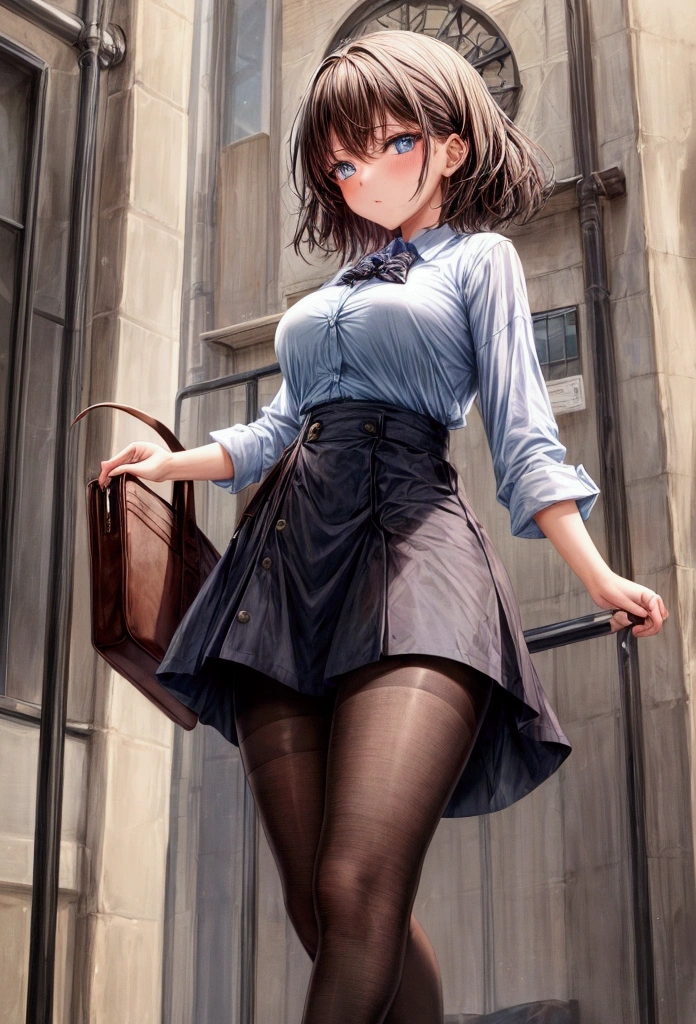 Girl going on an adventure, she has blue eyes and short brown hair, she is wearing a white shirt, black skirt, black tights and brown loafers, she seems very exited, detail enhancer, butterfly