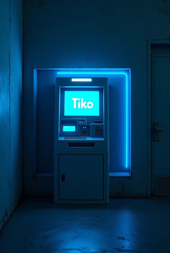 A blue ghetto atm with Tiko marked on the screen in blue for a wallpaper that looks like an Apple emoji from the front with a wall behind and the atm is tucked into the wall