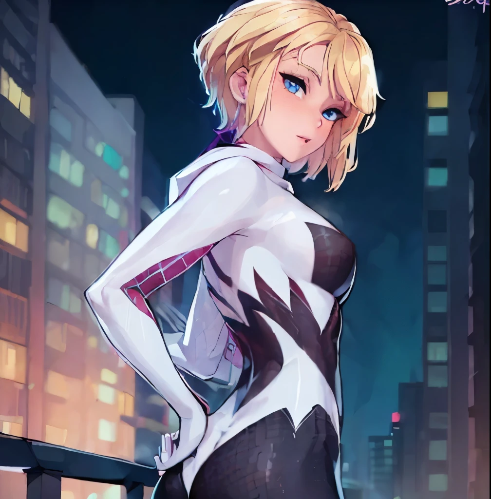 ((1girl)),((alone)),Gwen stacy,\( spiderman\),(masterpiece), (best quality), (ultra detailed), (best illustration), (best shadow), (absurdities), sharp focus, cowboy shot, atmospheric perspective, depth of field, dynamic posture, ((looking at viewer)), medium breasts, narrow waist, medium hips, wide thighs, round butt, erotic, romantic, (highly detailed eyes, lips 1.1), very detailed eyes, eyes, Very detailed face, Very beautiful face, Symmetrical face, Aesthetic face, perfect face, perfect eyes, detailed eyelashes: 1.5), full height, beautiful slim figure, femininity, expressive appearance, elastic big breasts , sexuality, parted lips, (blue eyes), blonde hair, short hair, Ghost spider, gwen in a black suit with a spider in the center of her chest in white, organic looking suit, sticky forehead, symbiote, white eyes, curves, defined body,Perfect and beautiful body, perfect and beautiful, closed mouth, mocking smile, flirtatious expression,(sexy pose: 1.2), ((solo)), standing: 1.3,((outdoor, cityscape, city, rooftop of a skyscraper, buildings, leaning on a railing, buildings, night, city lights)), Looking forward, ((focus on breasts: 1.3)), point of view: (from the middle), perfect anatomy, perfect hands