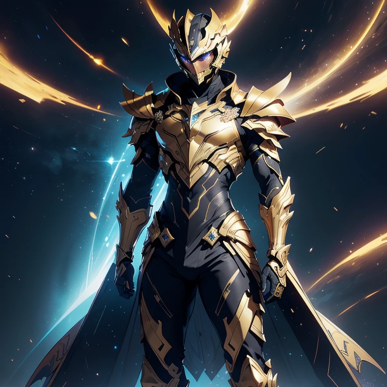 It's a man. The image presents a highly detailed and futuristic armor designed for a male warrior. The armor combines elements from different parts to create a cohesive and powerful look. Helmet: The helmet features a sleek, aerodynamic design with a golden metallic finish. It has a central crest that rises upwards, and the visor glows with a bright blue light, giving it a high-tech, futuristic appearance. Pauldrons (Shoulder Pads): The shoulder pads are designed to be close to the chest, with angular lines extending smoothly toward the shoulders. They have a polished golden finish and curve elegantly upward, creating a harmonious transition between the chest and shoulders, while providing a majestic and protective look. Chest Plate: The chest plate is intricately segmented, with a combination of gold and dark metallic blue. It has a gem-like crystal in the center that emits a soft, mystical glow. The design of the chest plate is both protective and regal, with sharp, angular lines that add to the overall futuristic aesthetic. Arm Guards: The arm guards are sleek and streamlined, with articulated golden and purple segments that offer flexibility and protection. The design of the gauntlets is both robust and elegant, incorporating futuristic elements that blend with the classic style. Leg Armor: The legs are armored with segmented plates that are primarily gold and purple. The boots are angular and sturdy, with a design that conveys both strength and agility. The overall look of the leg armor is grounded yet sleek, completing the ensemble with a powerful stance. The background of the image is a dark cosmic scene, filled with distant stars and nebulae that highlight the polished surfaces of the armor. Dynamic lighting is used to emphasize the key features, particularly the glowing visor and central chest gem, reinforcing the mystical and imposing nature of the warrior.