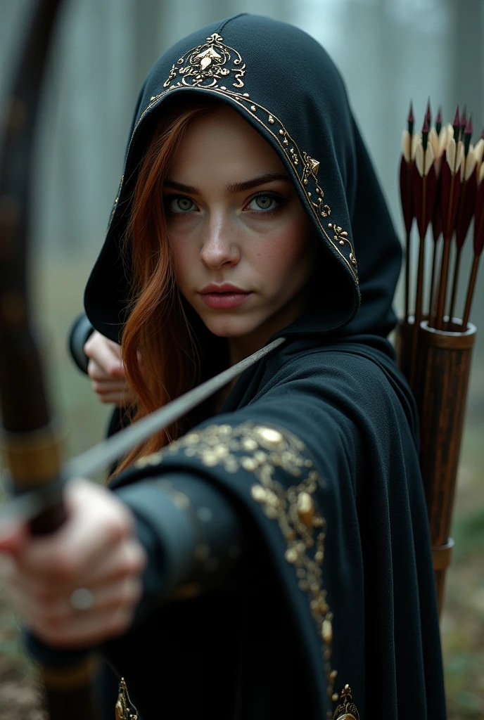 Draw a female half-elf with white skin, eyes black, little elf ears, chestnut hair, wearing a black cloak with gold details and a built-in hood holding a crossbow in his hands and a quiver on his back with a handful of arrows.