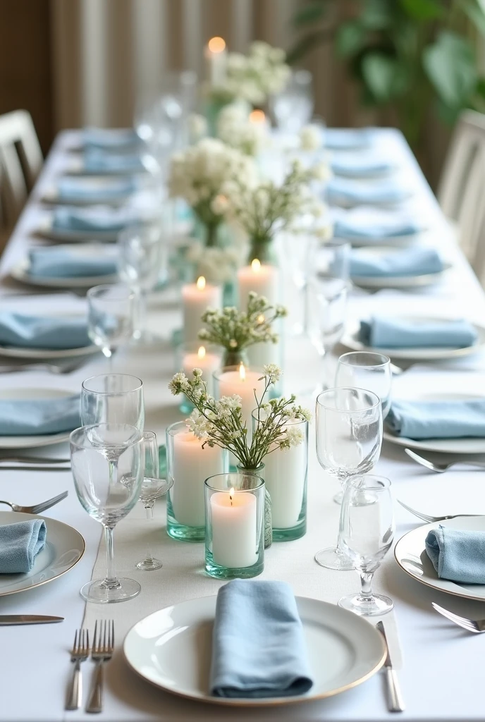 Tischdeko für ae Hochzeit im Mai in hellblau/White/ beige, modern mit afachen Zylinderförmigen Windlichtern aus Glas mit Kerzen 
- azelne Blumen in Vasen
- es stehen immer 2-3 Windlichter in unterschiedlichen Größen zusammen
- Die Blumen nicht in großen Sträußen sondern jeweils maximal 3 im aer Vase. 
- The tables are for 12 people.
-Mit aem hellbeigen Tischtuch, hellblauen Laen Servierten.
- The tables are 80cm wide.
- Set the table with dishes, Cutlery and glasses (Wasser- und Waglas) a.
opinion: Overview of the whole table from above 


